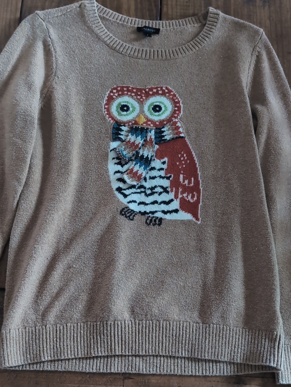 Talbots Beige Crewneck Sweater with Colorful Owl Motif